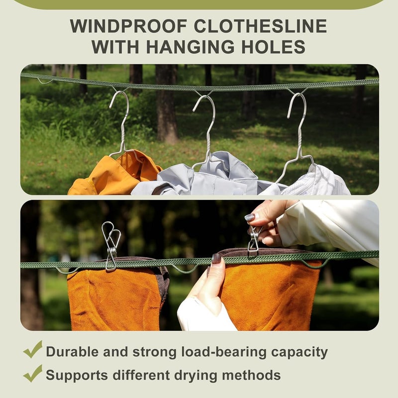 Vigorport Portable Travel Clothesline, Windproof Clothes Line with Hang Hole, Indoor and Outdoor Laundry Line with Clothespins for Hotel, Camping, RV, Cruise Ship (Green, 18.8Ft) - Image 2